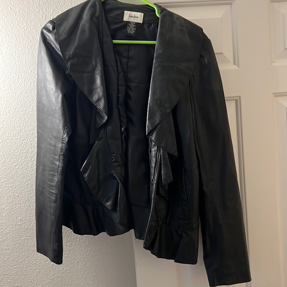 Neiman Marcus large black leather coat